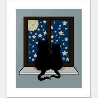 Two cats watching the moon Posters and Art